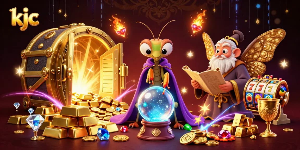 Spin winning jackpots with kjc's vibrant casino-themed illustration showcasing fortune teller and treasures.