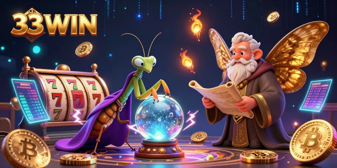 Experience the thrilling world of 33WIN with a mystical fortune teller predicting wins amidst vibrant slot elements.