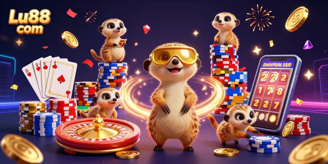 Experience thrilling gaming at Lu88 com with meerkats managing a vibrant casino featuring roulette and colorful chips.