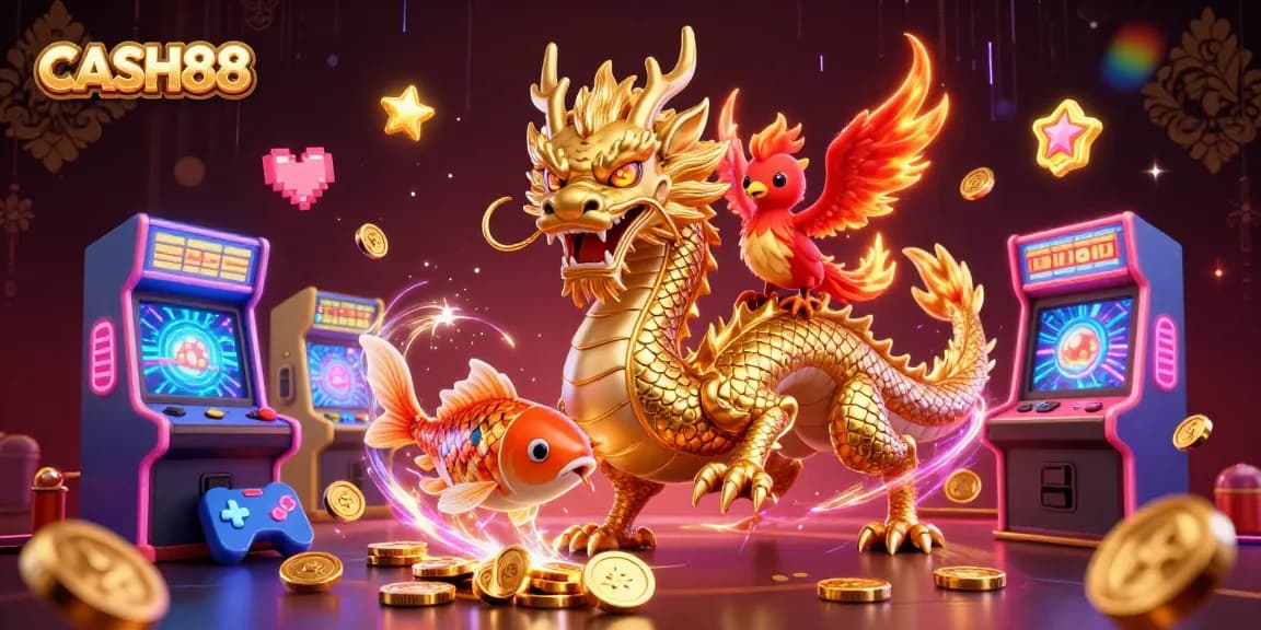 Engage with CASH88's thrilling casino experience featuring a golden dragon and vibrant game elements.