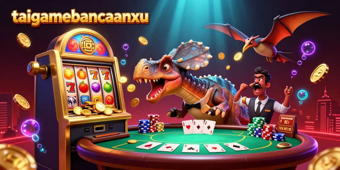 Transform taigamebancaanxu gameplay with an epic illustration of creatures in a casino jackpot scene.