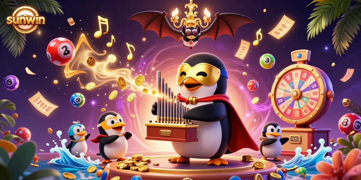 Engage with the sunwin experience, featuring a vibrant casino scene with penguin and bingo elements.