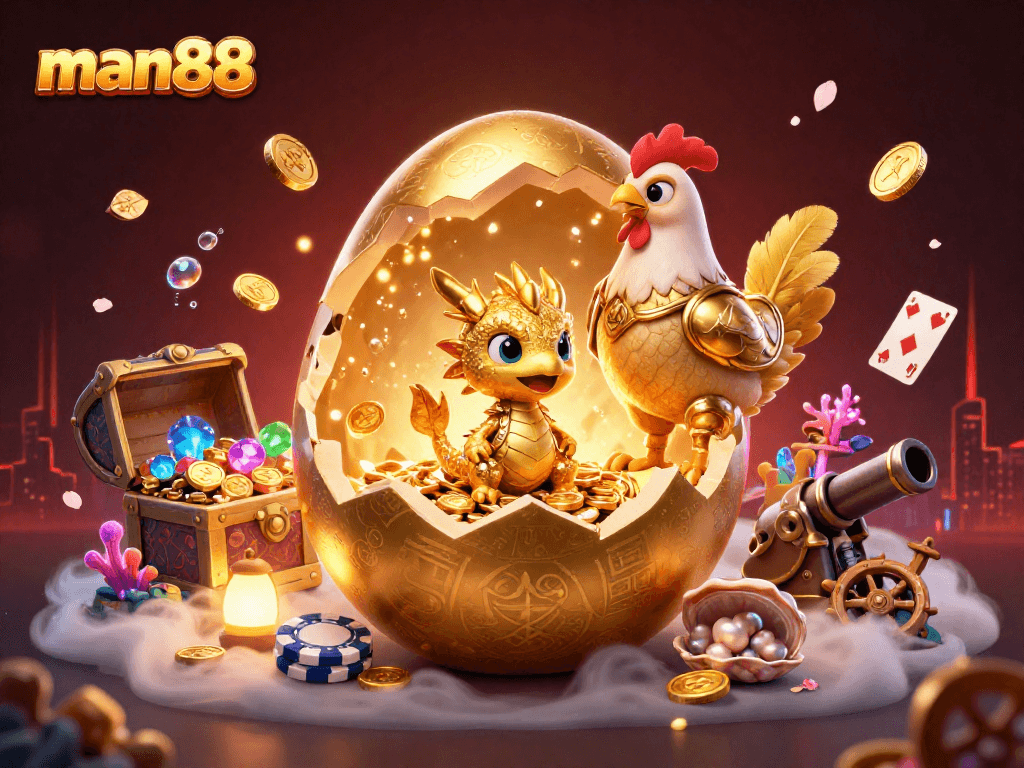 The man88 golden egg reveals a dazzling dragon amidst casino treasures and floating cards.