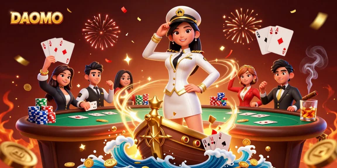 Engage with DAOMO's thrilling casino atmosphere amid golden waves and vibrant poker features.