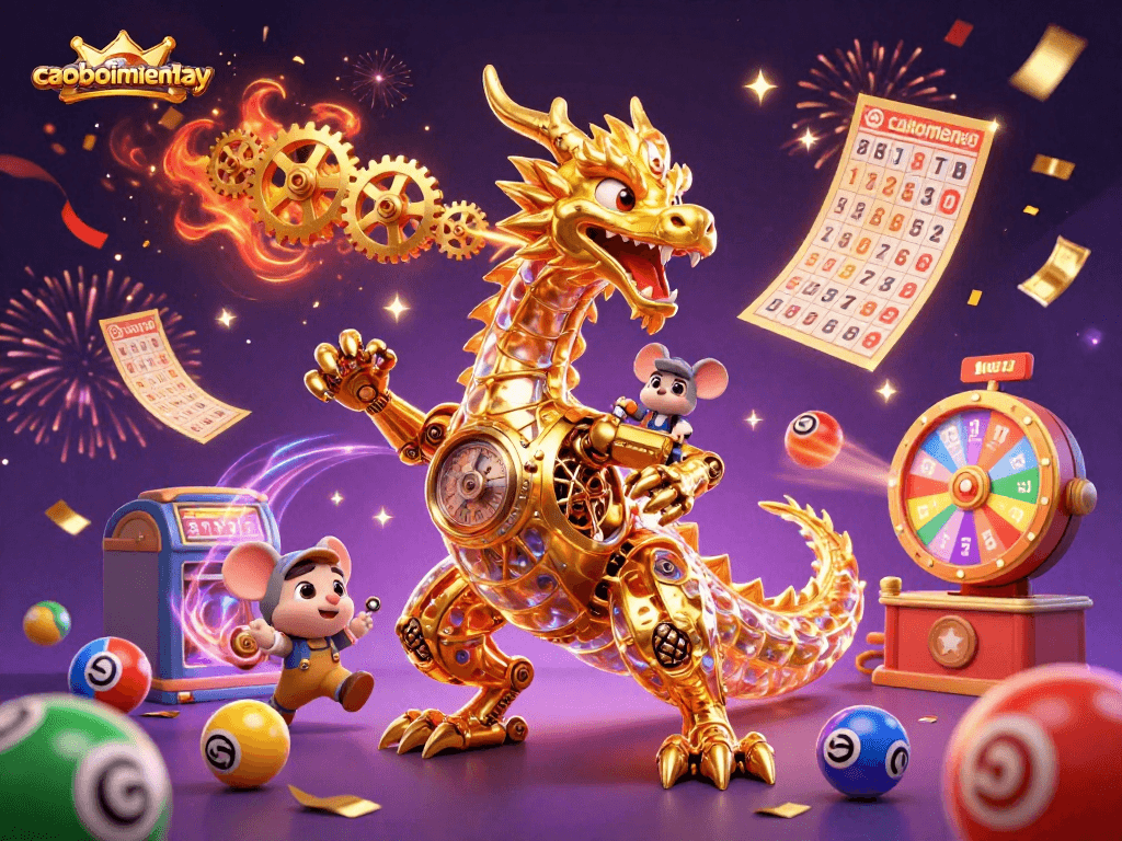 Experience the caoboimientay adventure with vibrant lottery elements and a golden dragon in an exciting 3D illustration.