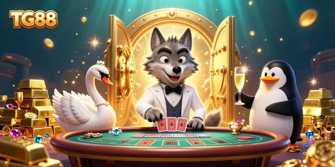 Catch the excitement at TG88 as a debonair wolf and elegant swan deal cards in a lavish casino scene.