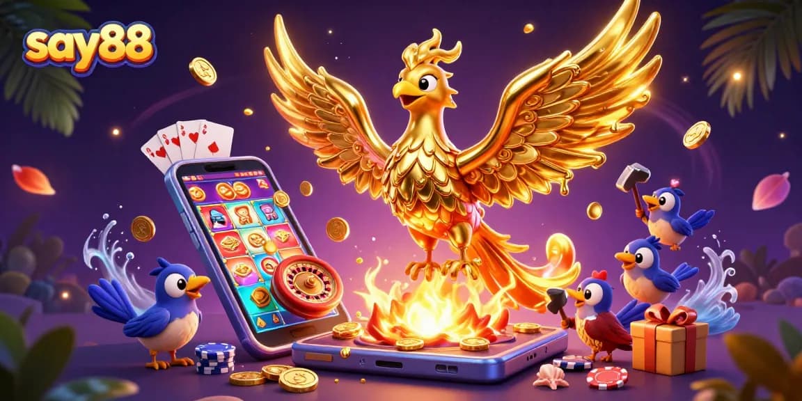 Experience thrilling gaming at say88 with a vibrant 3D illustration of golden phoenix and casino elements.