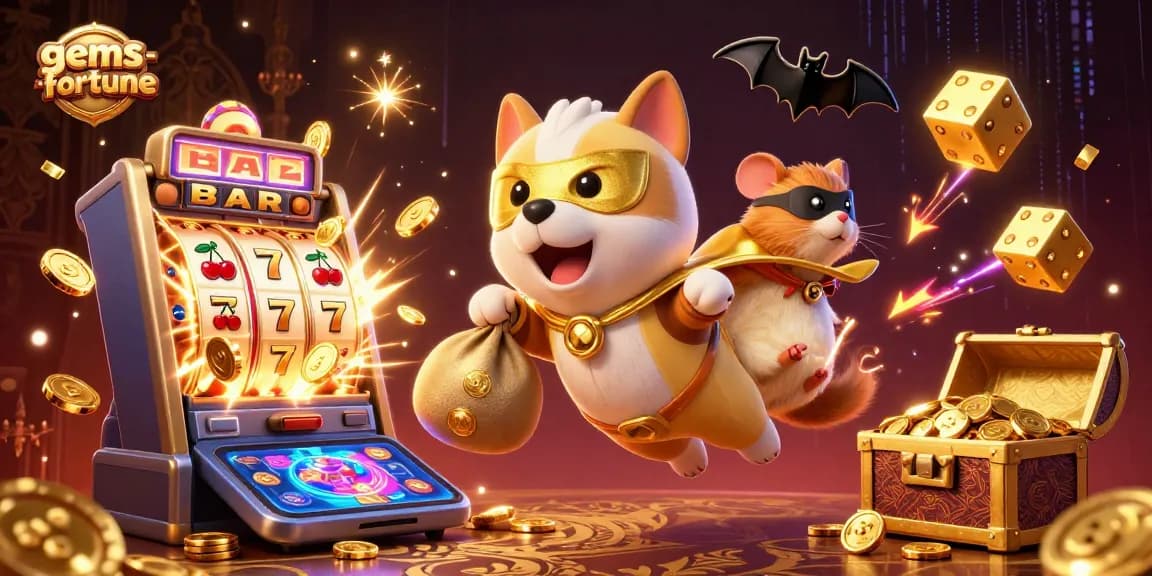 Experience gems-fortune with a superhero dog and hamster in an exciting casino adventure.