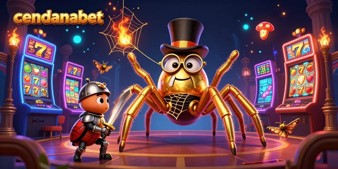 Cendanabet offers immersive gaming experiences with a golden tarantula weaving a web among vibrant slot machines.