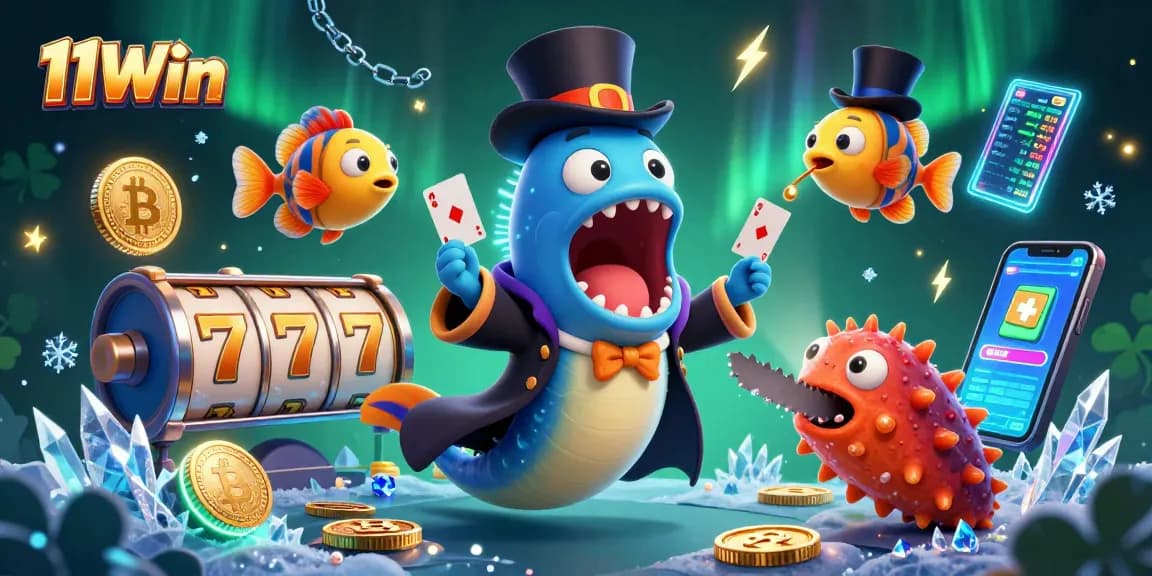 Experience thrilling 11Win excitement with a magical card trick performance by underwater creatures in a vibrant casino setting.