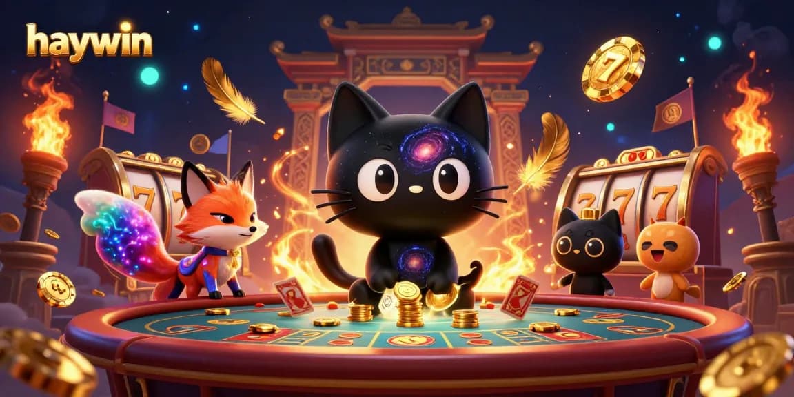 Experience the excitement at Haywin's cosmic casino, featuring a black hole cat and vibrant slot machines.