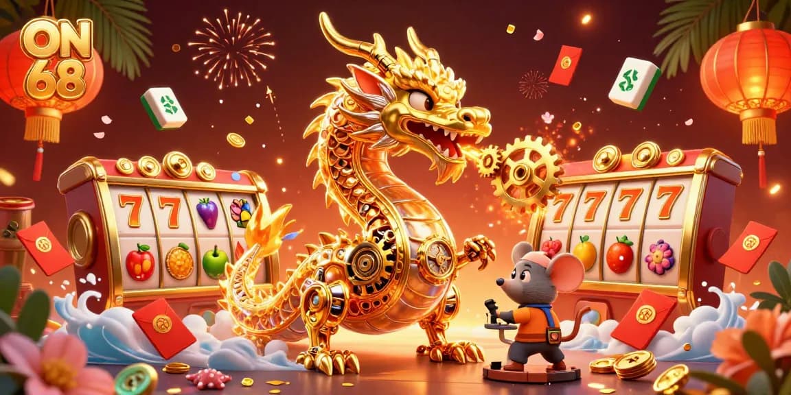 Experience thrilling gaming with ON 68 as the golden dragon breathes gears amidst slot reels and festive decorations.