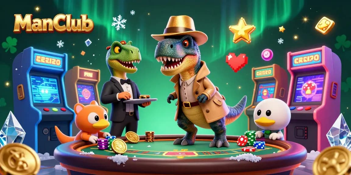 Win big at ManClub as a velociraptor card counter attempts stealth at blackjack surrounded by colorful gaming machines.