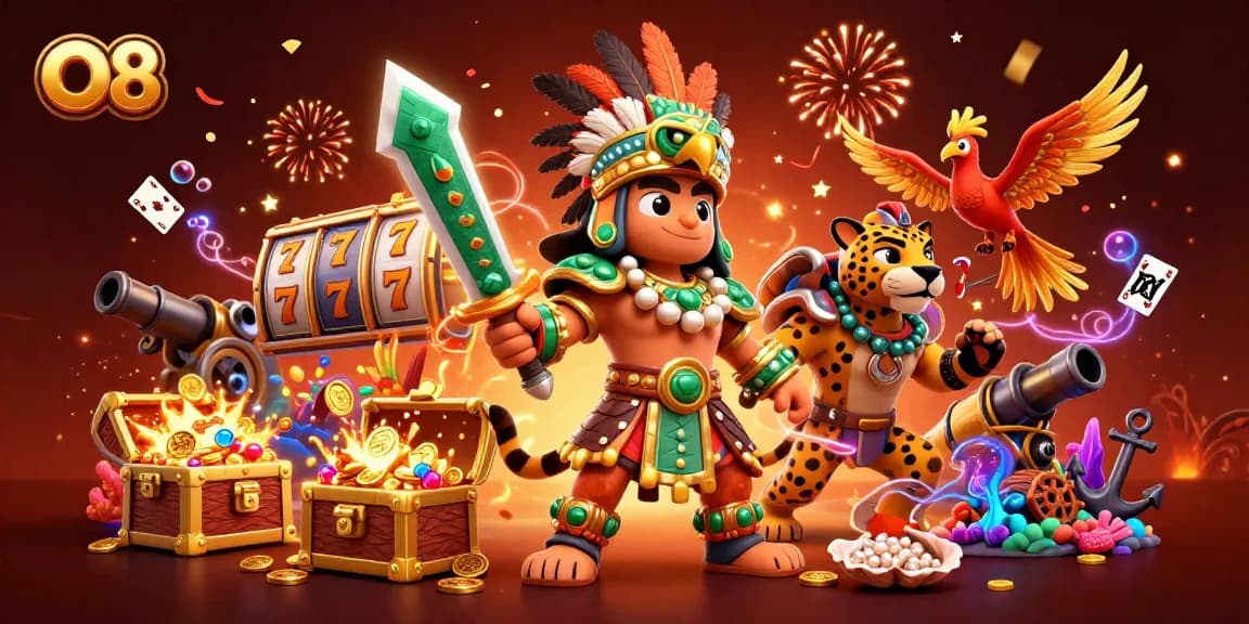 Engage with O8's thrilling slot reels as the Aztec warrior and jaguar explore vibrant treasures.
