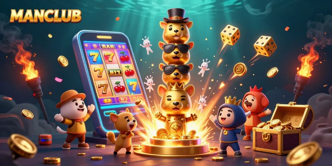 WINNERS CELEBRATE JACKPOTS AT MANCLUB WITH A GLAMOUROUS 3D CASINO ILLUSTATION FEATURING SLOT MACHINE AND GOLDEN TREASURES