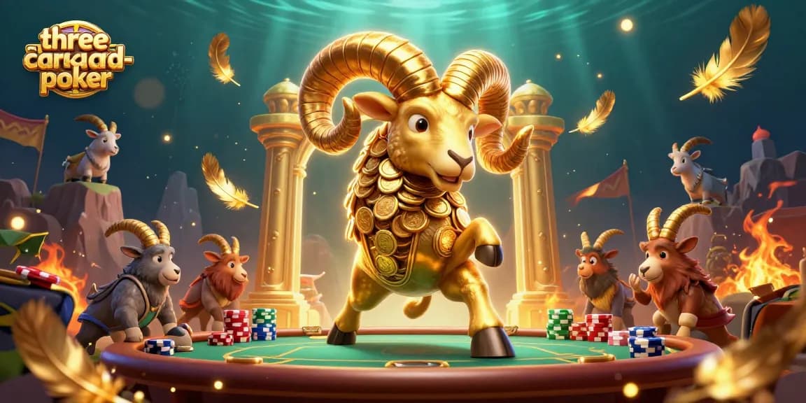 Experience thrilling three-card-poker action with animated golden characters and dynamic game elements.