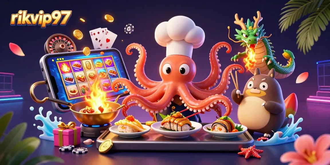 Engage with rikvip97 as a vibrant sushi chef octopus prepares joy amidst golden casino delights.