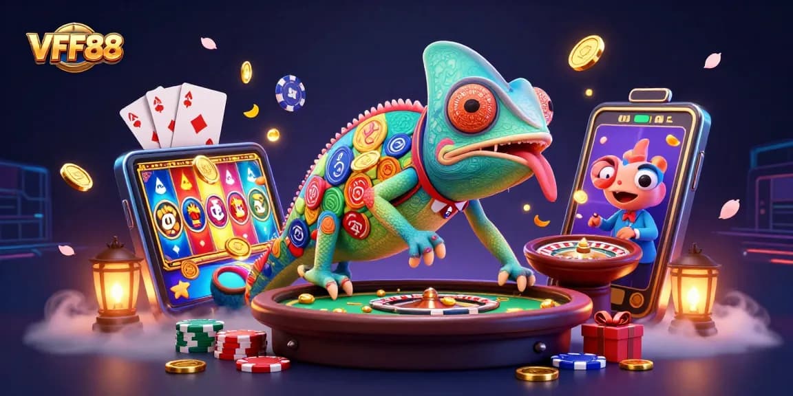 VFF88 captures the excitement of casino gaming with chameleon character, slot games, and poker elements.