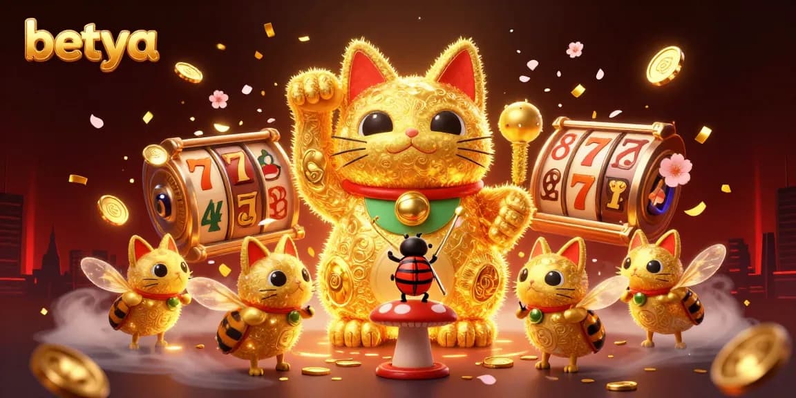 Experience betya's vibrant casino atmosphere with a lucky cat and gold-tinged symbols.