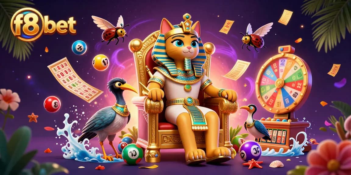 Spin the reels at f8 bet with lively lottery balls and an Egyptian pharaoh cat in a vibrant casino scene.