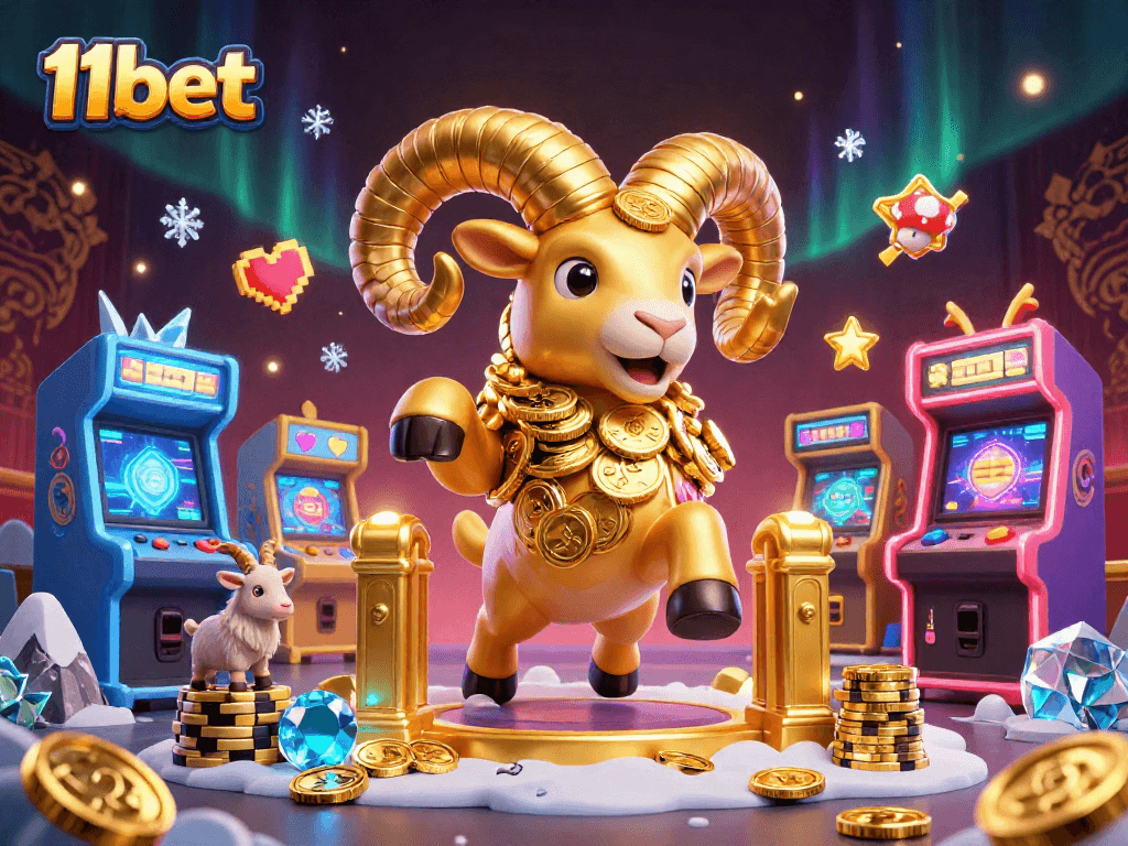 Engage with thrilling games at 11bet, featuring a golden ram charging through vibrant casino elements.