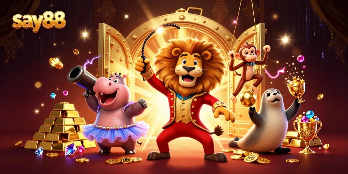Experience thrilling gameplay at say88 with a dynamic circus-themed casino illustration featuring vibrant characters and casino elements.