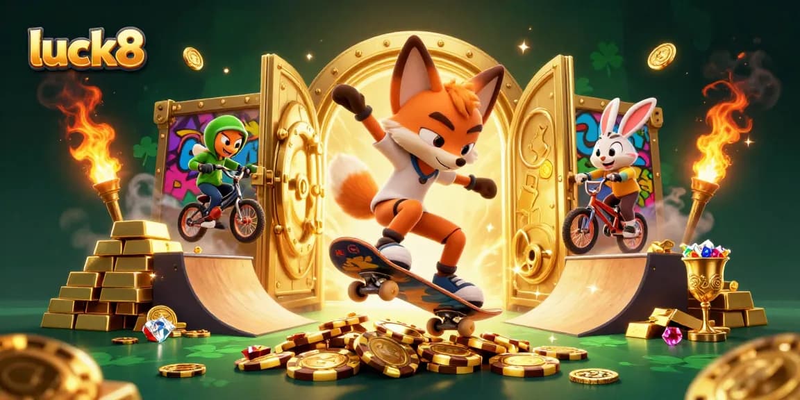 Win big at luck8 with a vibrant illustration of a skateboarder fox and BMX rabbit in a gambling adventure.