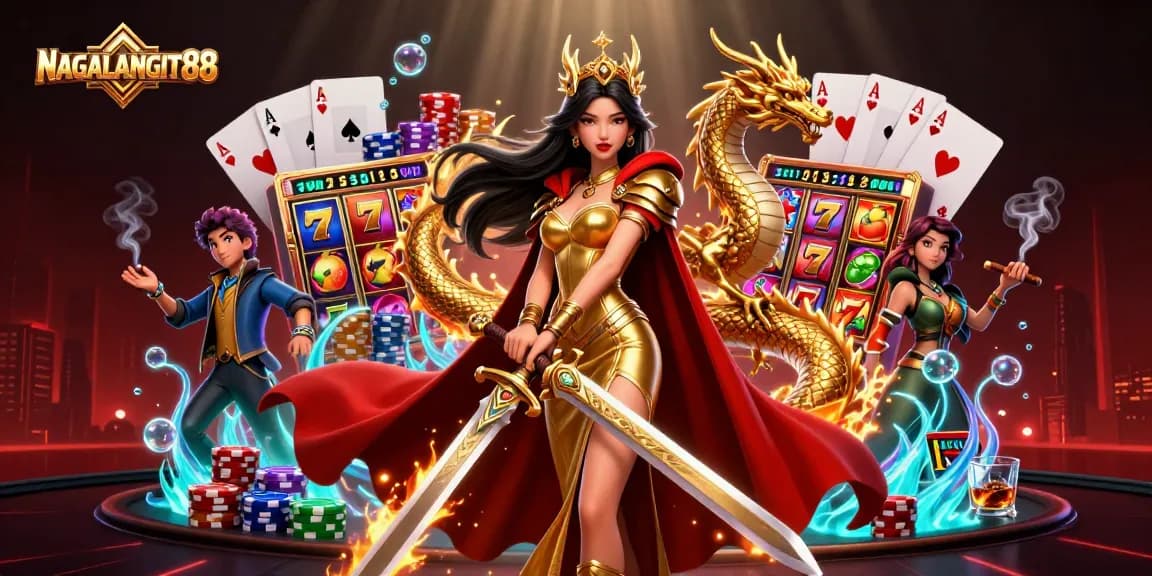 NAGALANGIT88 slots scene featuring winning gameplay, vibrant slot reels, and a stunning warrior queen.