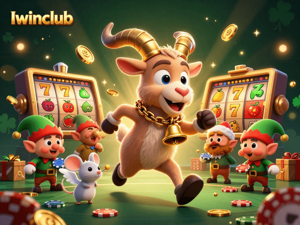 Iwinclub's immersive holiday-horror casino scene with Krampus, angel mouse, and elf gremlins