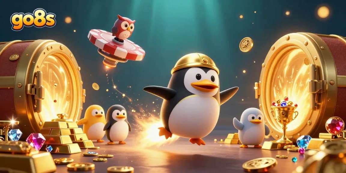 Experience exciting wins at go8s with a golden penguin racing toward riches in a vibrant casino universe.