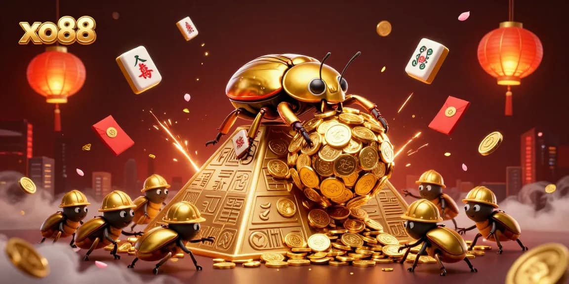 Engage with xo88 to witness a golden beetle navigating a pyramid of coins in this vibrant casino illustration.