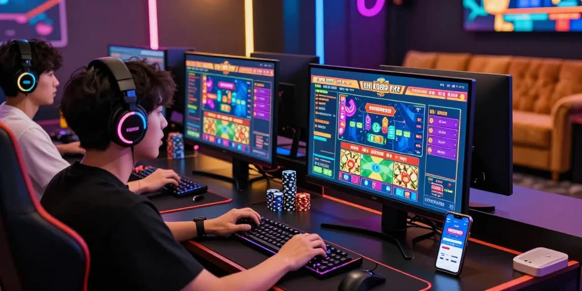 LUCK8 gaming experience highlighting a vibrant online casino with live games, excited gamer, and modern gaming setup.