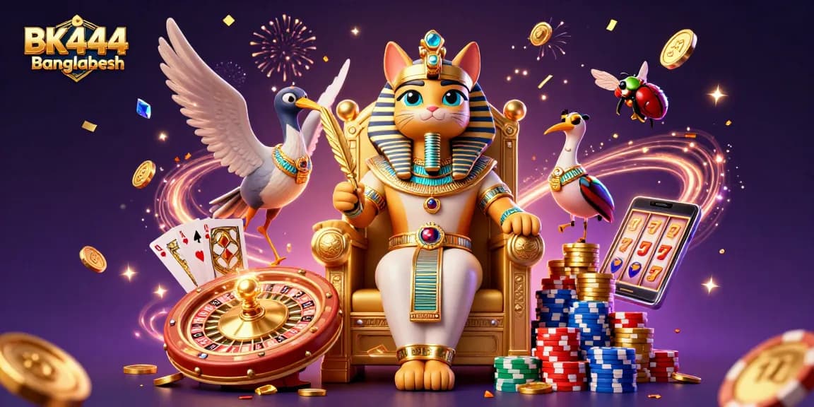 Experience the excitement of BK444 Bangladesh with vibrant casino elements, including golden coins and a roulette wheel.