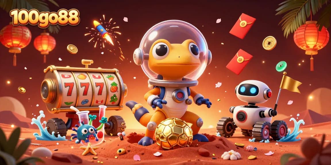Experience the thrills of 100go88 with Martian gecko discovering a golden casino filled with excitement.