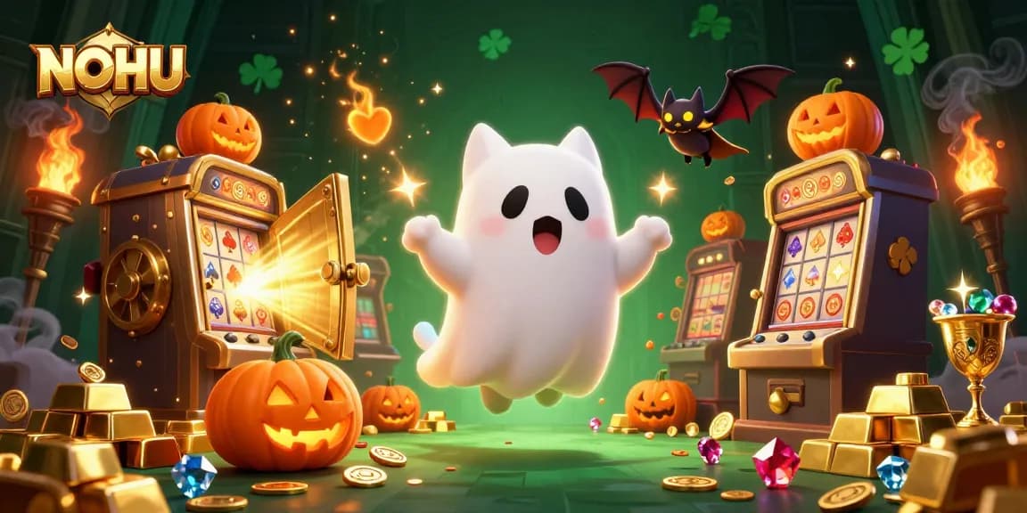 Experience thrilling gameplay at NOHU with a haunted casino scene featuring vibrant tokens and characters.