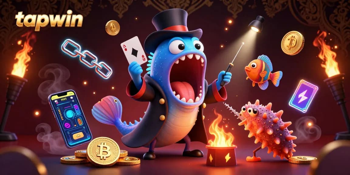 Experience the thrill of tapwin with a vibrant 3D scene featuring animated sea creatures performing dazzling magic tricks.