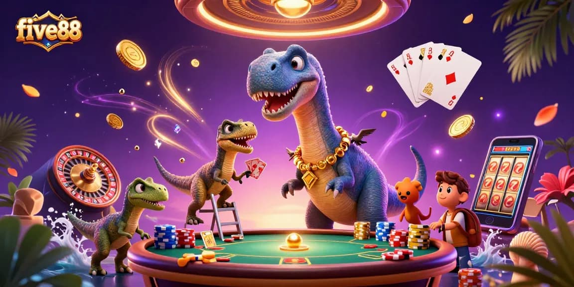 Experience the excitement of five88 casino with a vibrant 3D illustration featuring a towering brontosaurus and dynamic gaming elements.