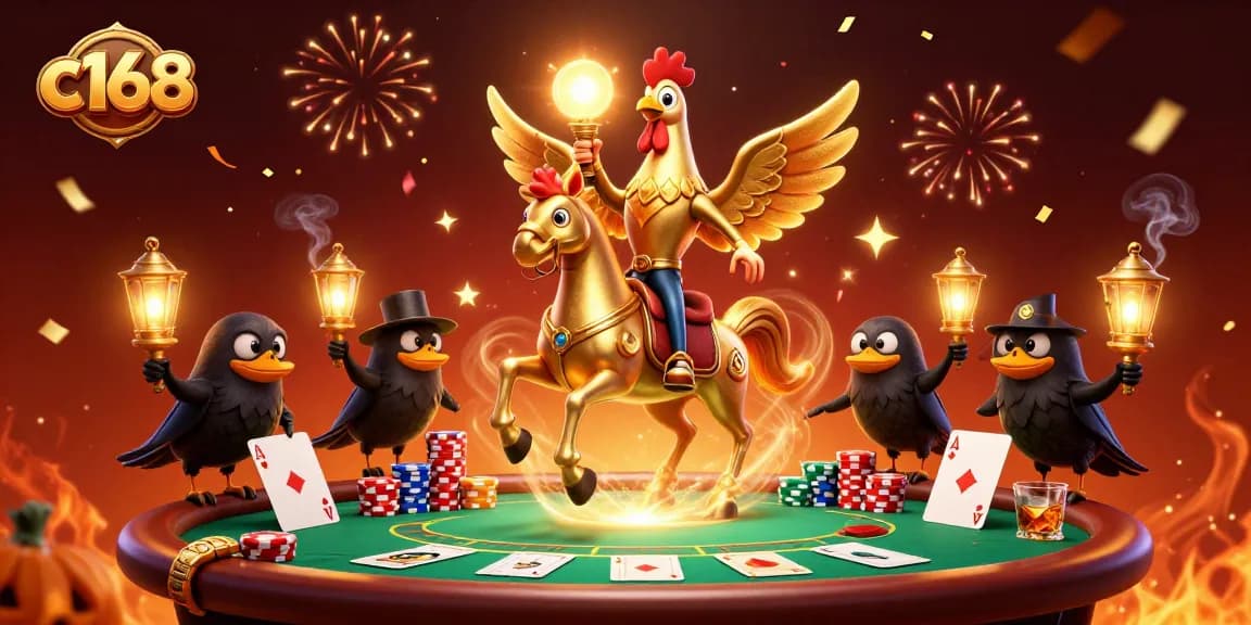 Experience the vibrant gaming atmosphere of c168 with golden rooster and casino elements.