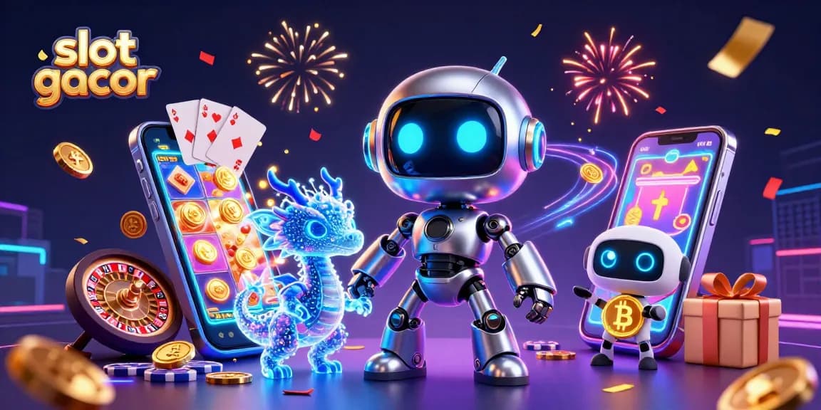 Engage with slot gacor in an exciting casino scene featuring neon character robots and dynamic gaming elements.