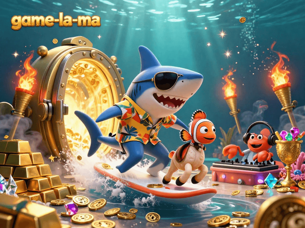 Engage in exciting gameplay with game-la-ma as a shark and clownfish explore a treasure-filled underwater casino.