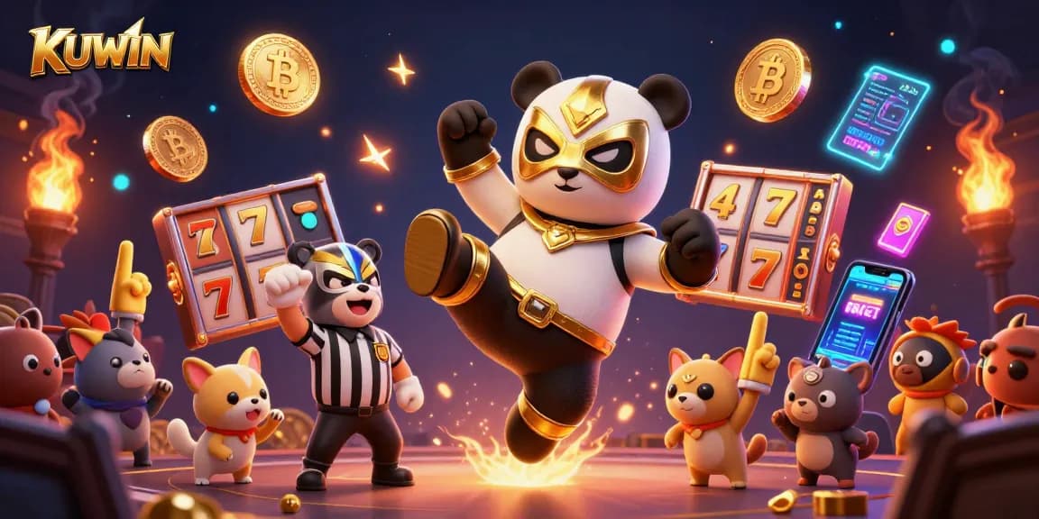 Kuwin offers an exhilarating experience as a cartoon panda wrestler takes a flying kick amidst vibrant slot game elements.