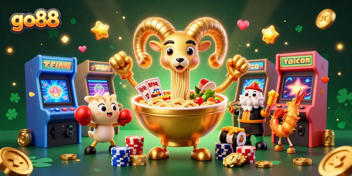 Experience the vibrant gaming action of go88 with a golden ramen bowl character and interactive casino elements in a lively 3D scene.