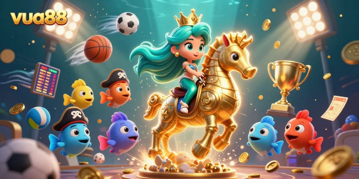 Experience thrilling betting action with vua88 in an enchanting underwater casino scene featuring vibrant characters and sports elements.