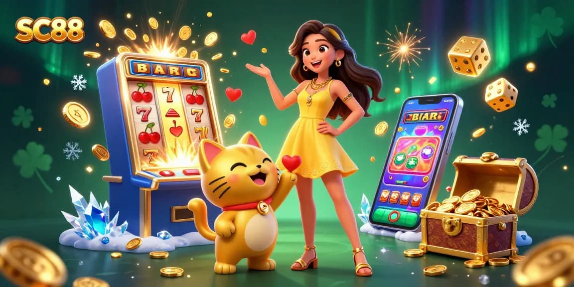 Spin and win at SC88 with a cheerful woman and a lucky cat amidst gold coins and explosive jackpots.