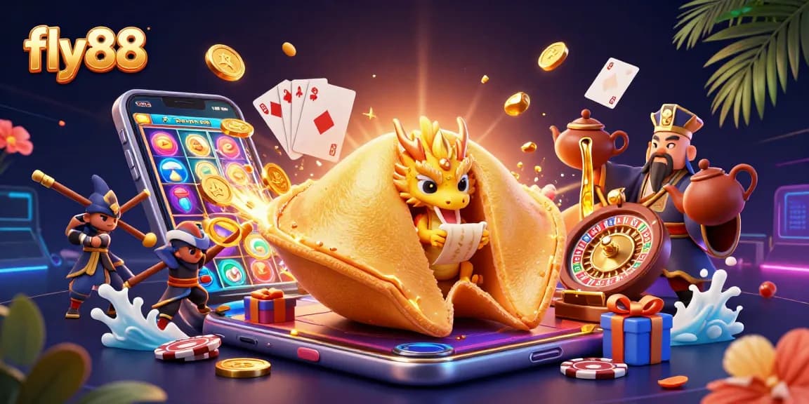 Experience the exciting world of fly88 with a vibrant 3D illustration capturing animated casino fun.