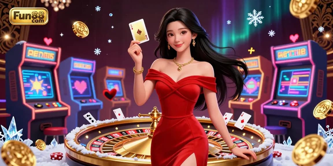 Experience the excitement of Fun88 com with vibrant casino elements and a stunning young woman holding a playing card.