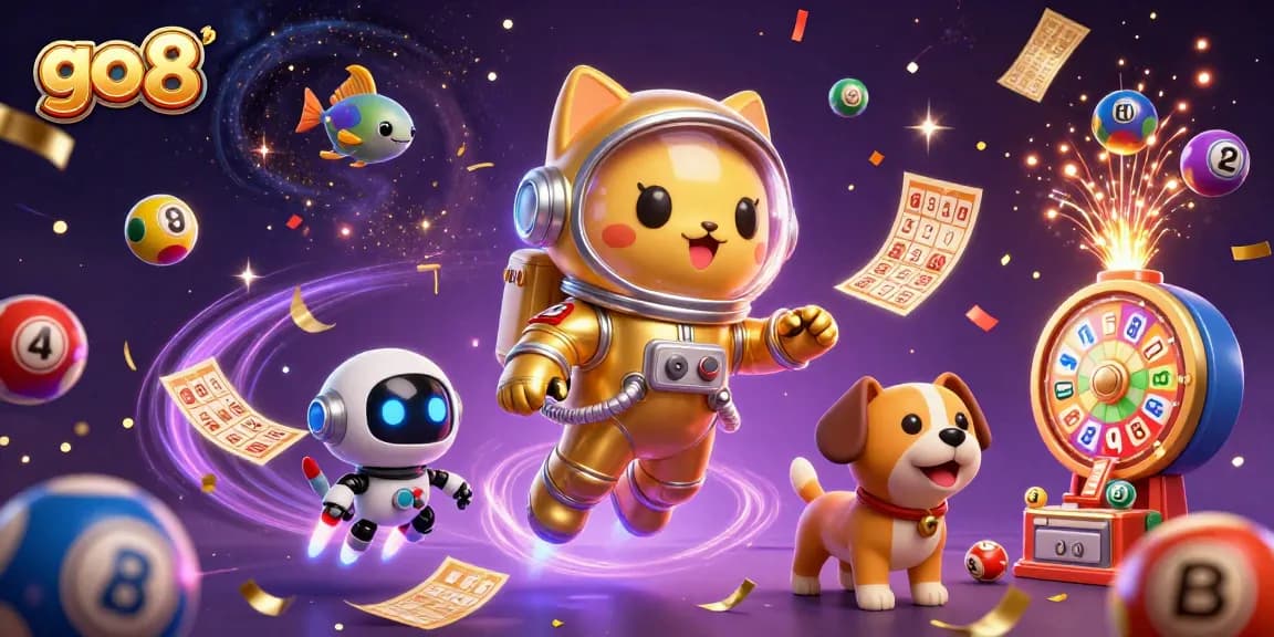 Participate in thrilling gambling experiences at go 8 with energetic illustrations of alien fish and a space cat.
