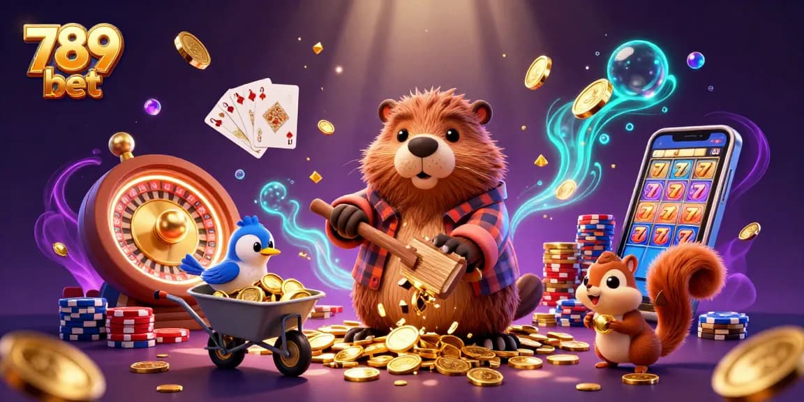 Experience vibrant scenes of gaming with 789 bet's animated characters amidst sparkling casino elements.