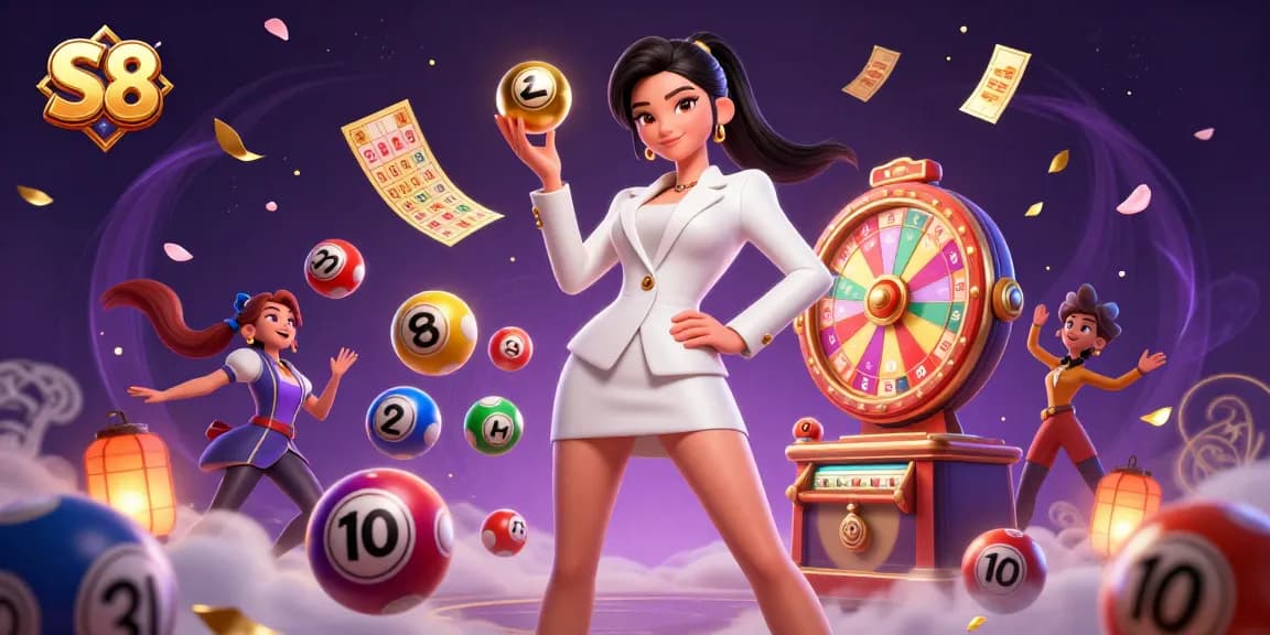 Experience the thrill of winning at S8 with a vibrant 3D casino illustration showcasing dynamic lottery elements.