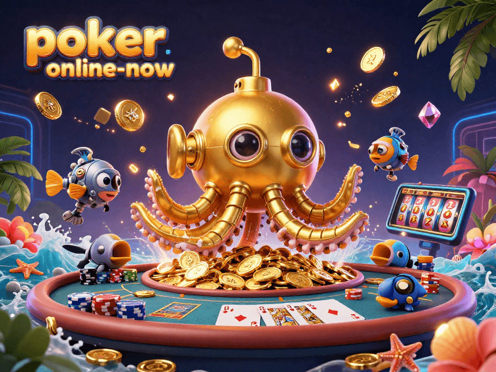 Engage at poker-online-now, showcasing a vivid 3D casino scene with dynamic poker elements and golden treasures.